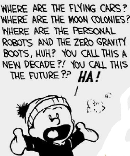 Calvin: Where are the flying cars? Where are the moon colonies? You call this a new decade? You call this the future?