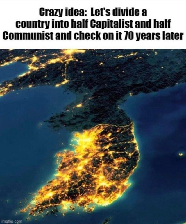 Crazy idea: Let's divide a country into half capitalist and half communist and check on it 70 years later.