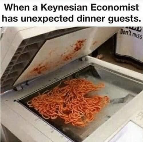 When a Keynesian economist has unexpected dinner guests: spaghetti on a photocopier.